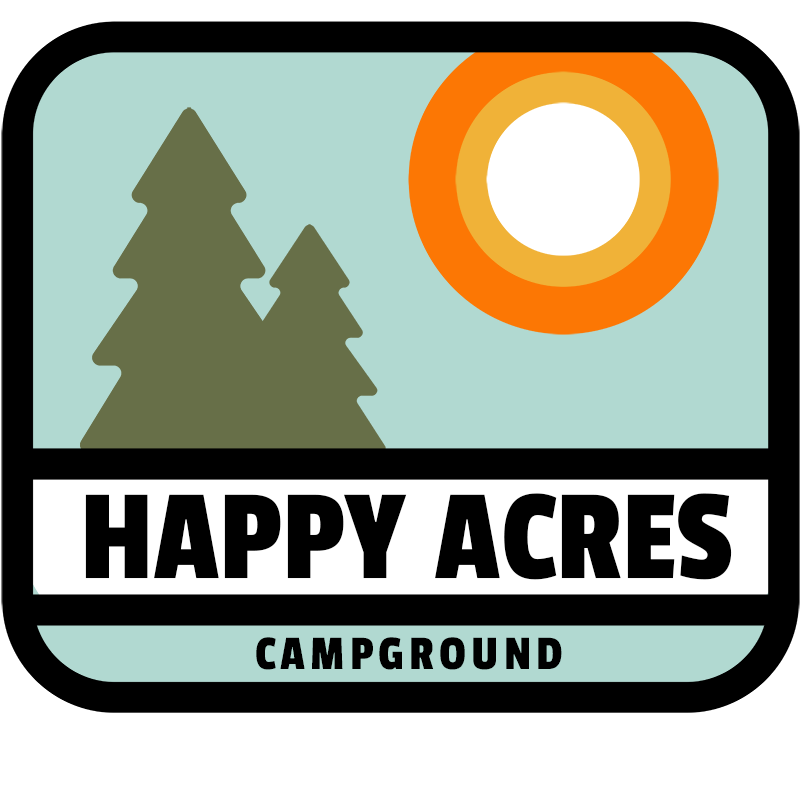 happy acres vintage logo. 2 green pine trees and a orange and yellow sun with a blue background. "HAPPY ACRES CAMPGROUND"