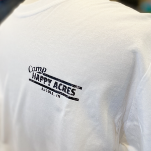 white tshirt with happy acres logo on the chest