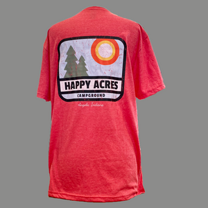 red tshirt with happy acres logo on the back