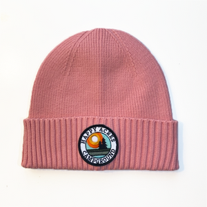 Happy Acres patch beanie hat with logo patch pink