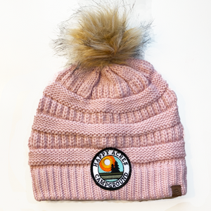 pom beanie pink hat faux fur with happy acres patch