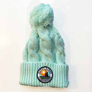 pom beanie teal hat with happy acres patch