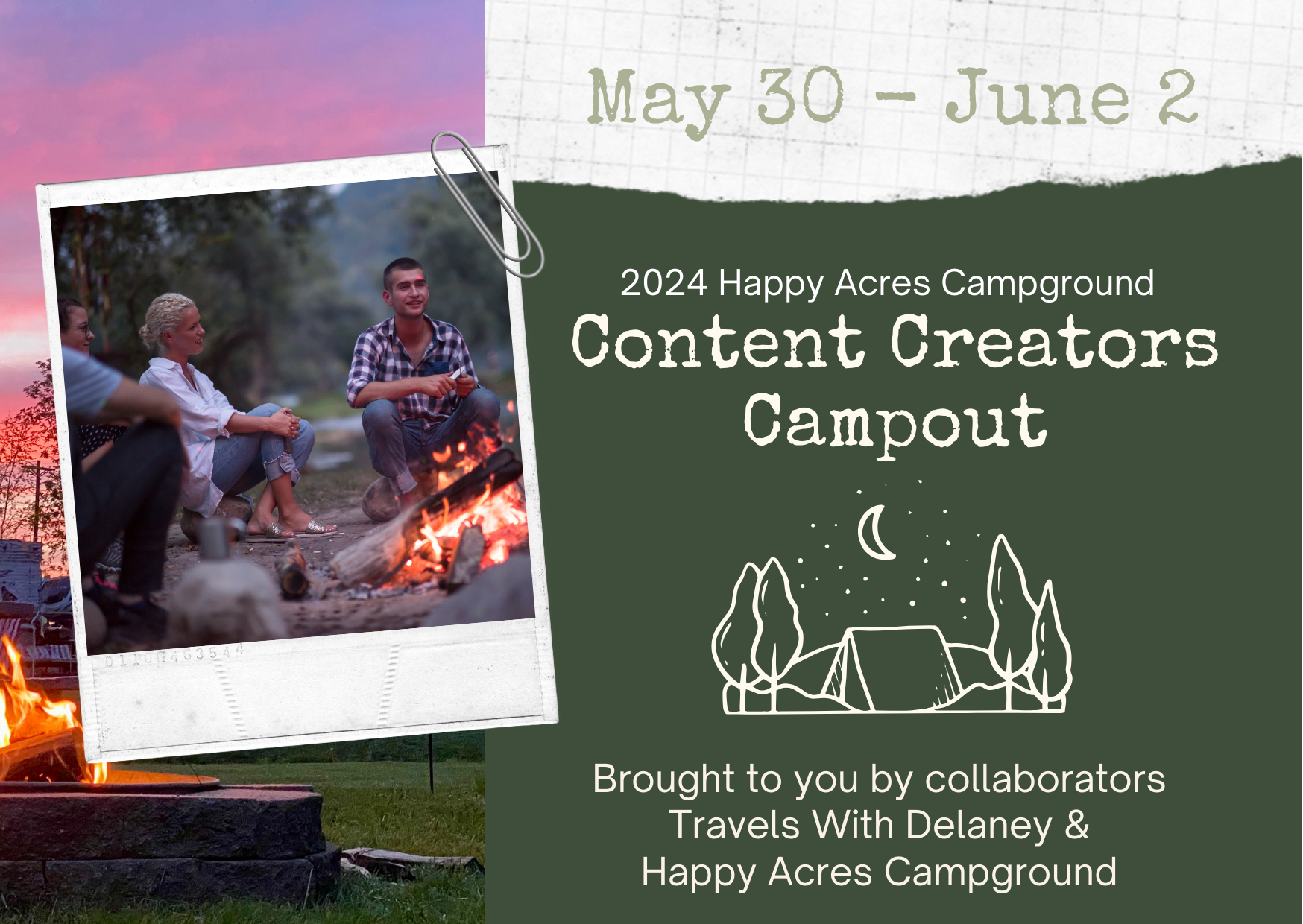 Add for event with green background and poleroid picture of campfire 