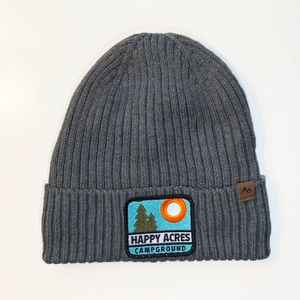 grey knit lined beanie hat with happy acres patch