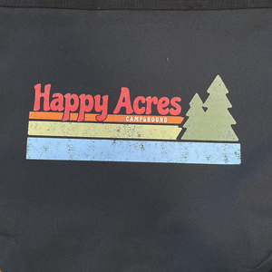 tote bag black with happy acres logo on the front