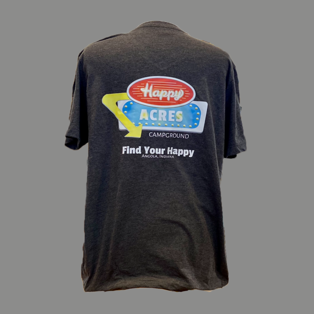 vneck happy acres tshirt with logo on the back
