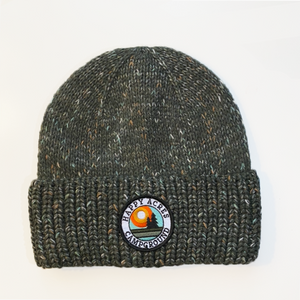 Beanie green spec lined hat with happy acres patch