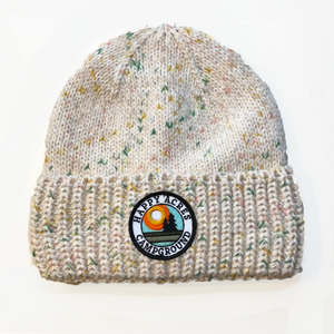 Beanie tan spec lined hat with happy acres patch