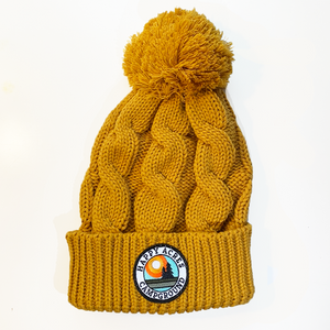 pom beanie gold hat with happy acres patch